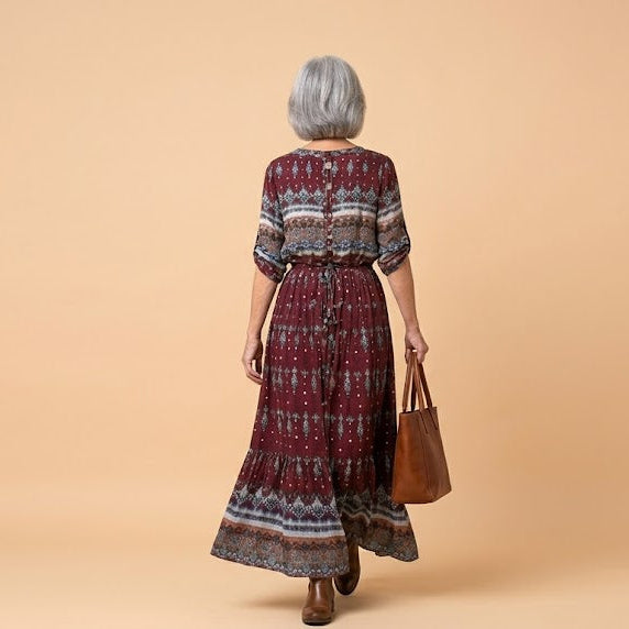 Damska Elegancka Tkanina Maxi Sukienka | Stylowa Letnia Sukienka w Boho Stylu z Dekoltem V