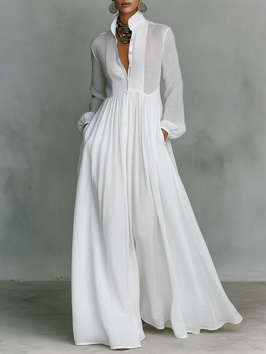 Damska Bawełniana Sukienka Maxi | Elegancka Patchworkowa Sukienka na Wesele z Długim Rękawem