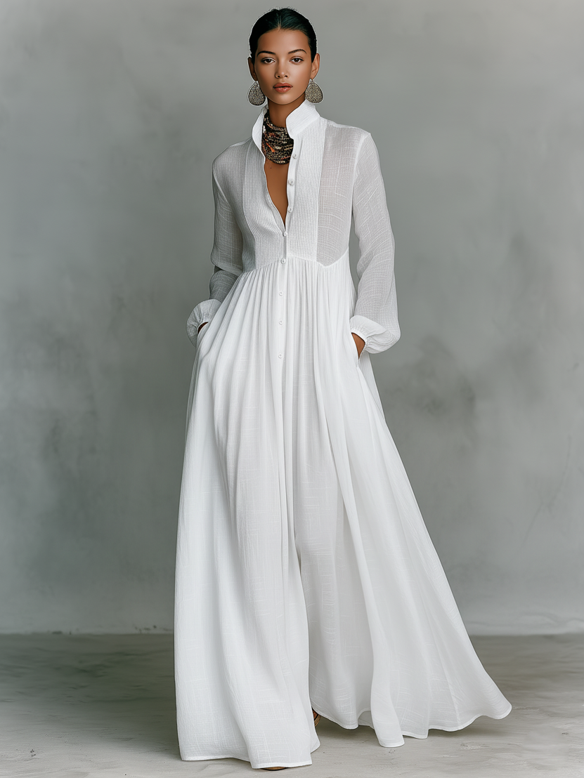 Damska Bawełniana Sukienka Maxi | Elegancka Patchworkowa Sukienka na Wesele z Długim Rękawem