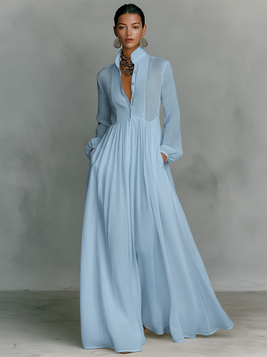 Damska Bawełniana Sukienka Maxi | Elegancka Patchworkowa Sukienka na Wesele z Długim Rękawem