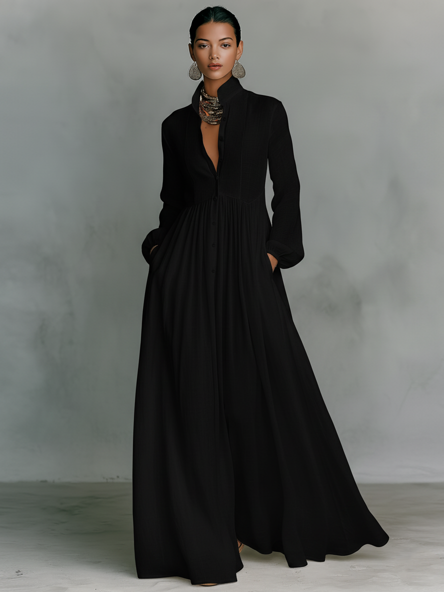 Damska Bawełniana Sukienka Maxi | Elegancka Patchworkowa Sukienka na Wesele z Długim Rękawem