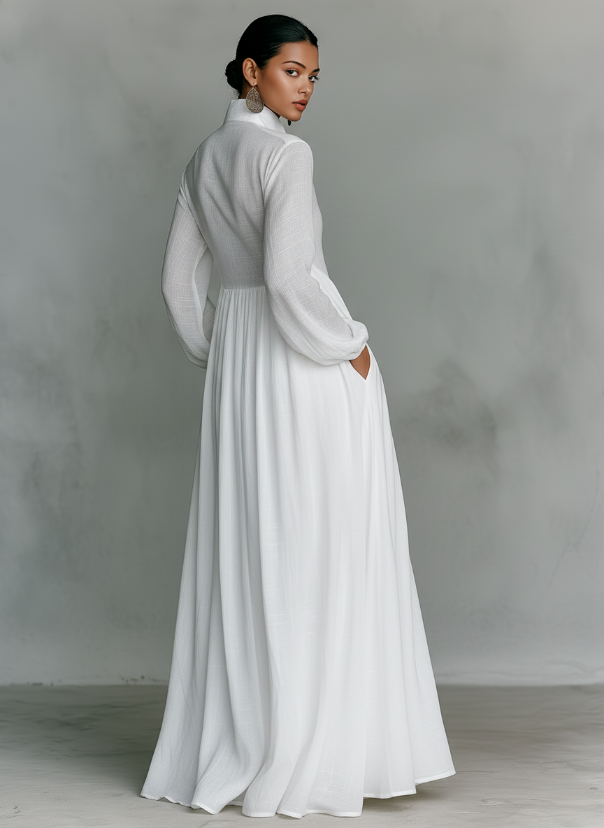Damska Bawełniana Sukienka Maxi | Elegancka Patchworkowa Sukienka na Wesele z Długim Rękawem