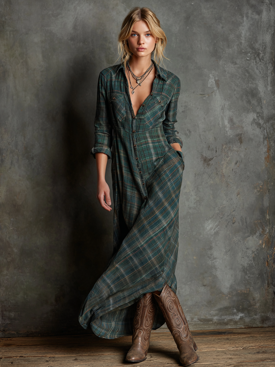 Damska Bawełniana Sukienka Maxi w Kratę | Elegancka i Zwiewna Sukienka Letnia