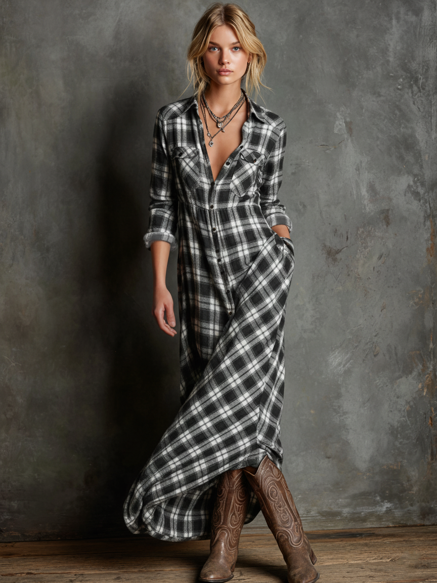 Damska Bawełniana Sukienka Maxi w Kratę | Elegancka i Zwiewna Sukienka Letnia