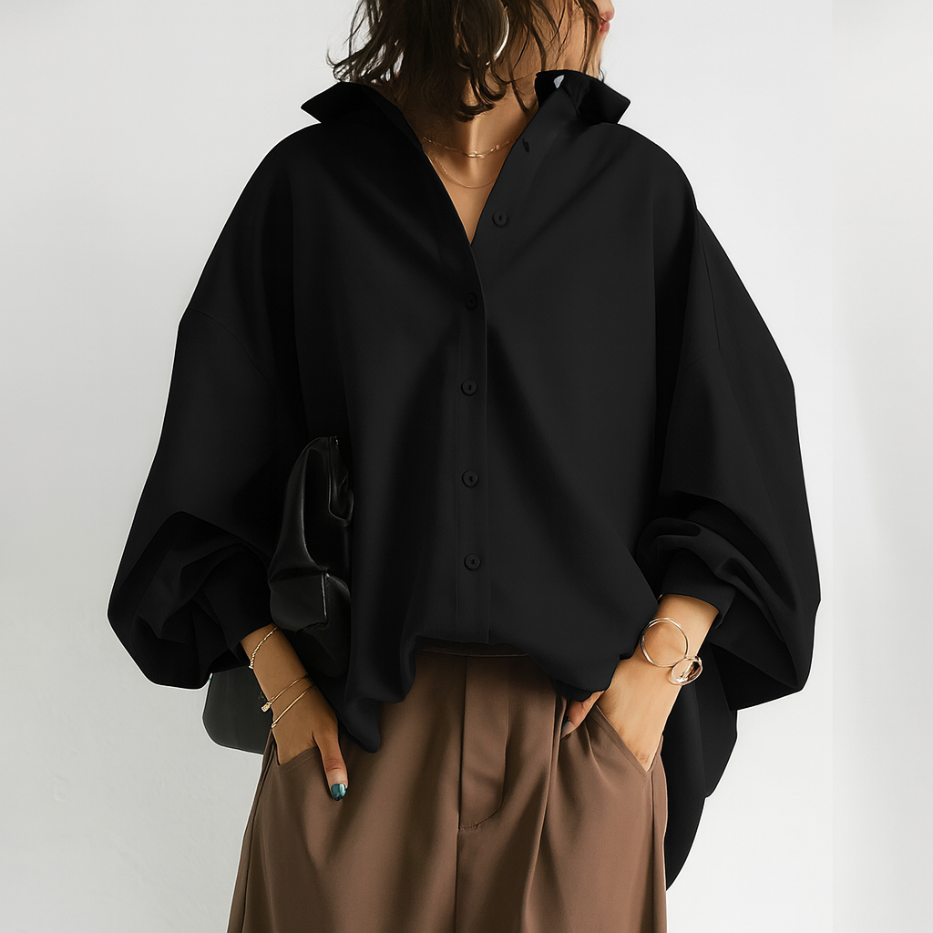 Damska Elegancka Bluzka z Długim Rękawem | Oversize Batwing Koszula z Kołnierzykiem