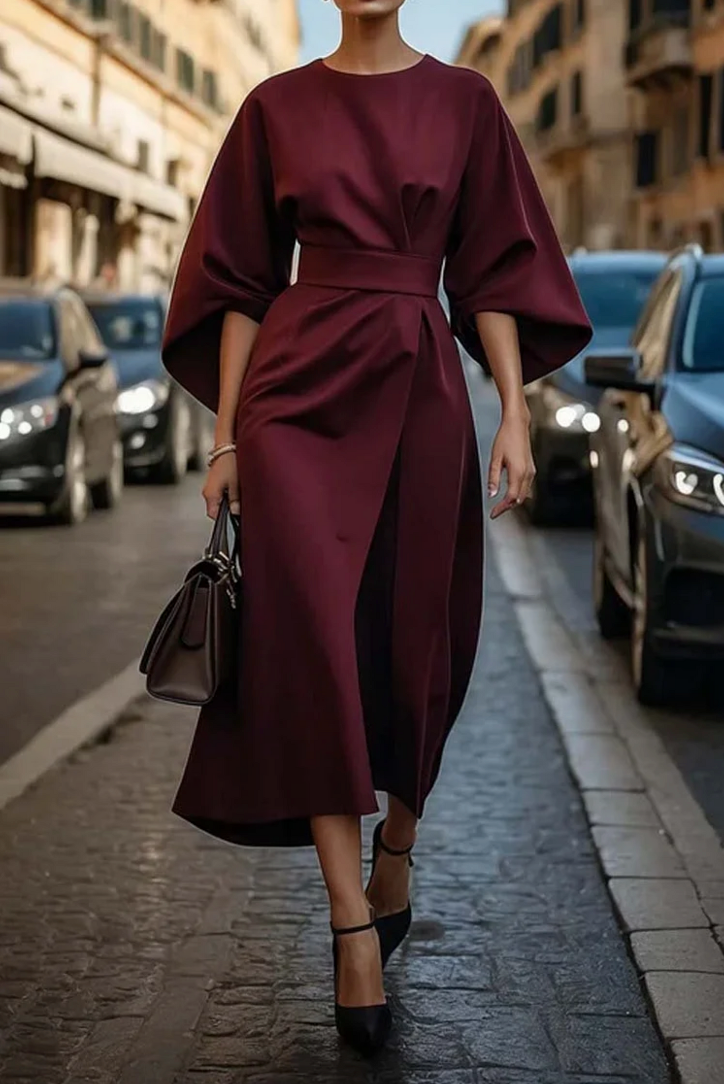 Damska Elegancka Midi Sukienka | Czarna A-Linia z Szerokimi Rękawami