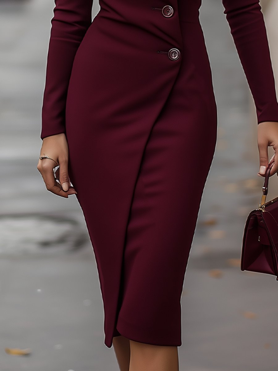 Damska Elegancka Midi Sukienka | Dopasowana Czarna Sukienka z Dekoltem V