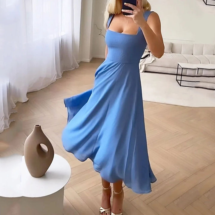 Damska Gładka Sukienka Bez Rękawów | Elegancka Minimalistyczna Sukienka na Wesele