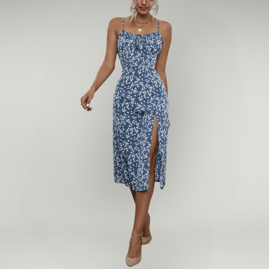 Damska Kwiatowa Sukienka Midi | Lekka Spaghetti Strap Dress na Lato z Rozcięciem