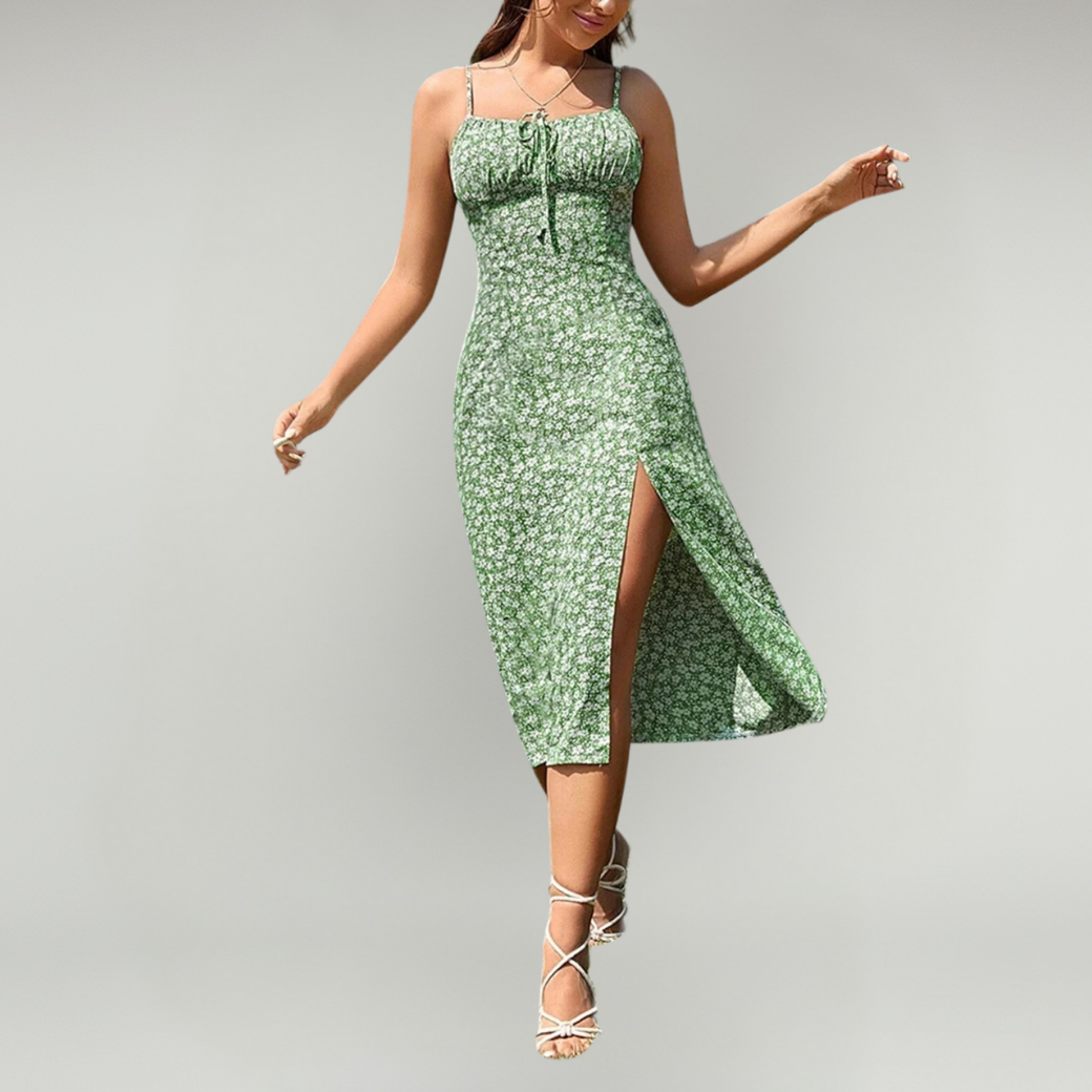 Damska Kwiatowa Sukienka Midi | Lekka Spaghetti Strap Dress na Lato z Rozcięciem
