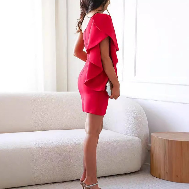 Damska Mini Sukienka | Asymetryczny Kopertowy Dół z Falbaną | Elegancka i Obcisła
