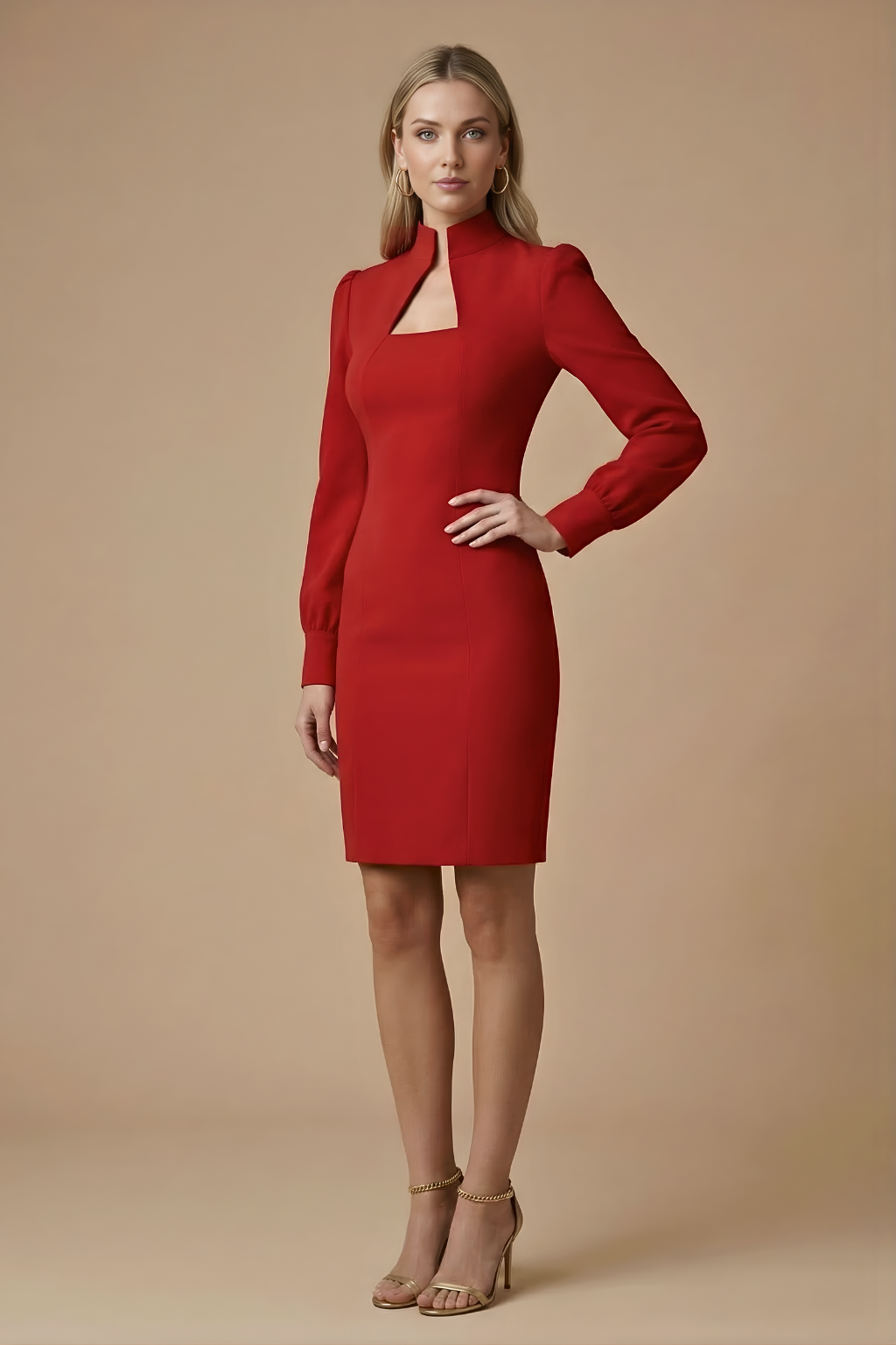 Damska Mini Sukienka z Stójką | Elegancka Czarna Sukienka na Wesele z Bufiastymi Rękawami