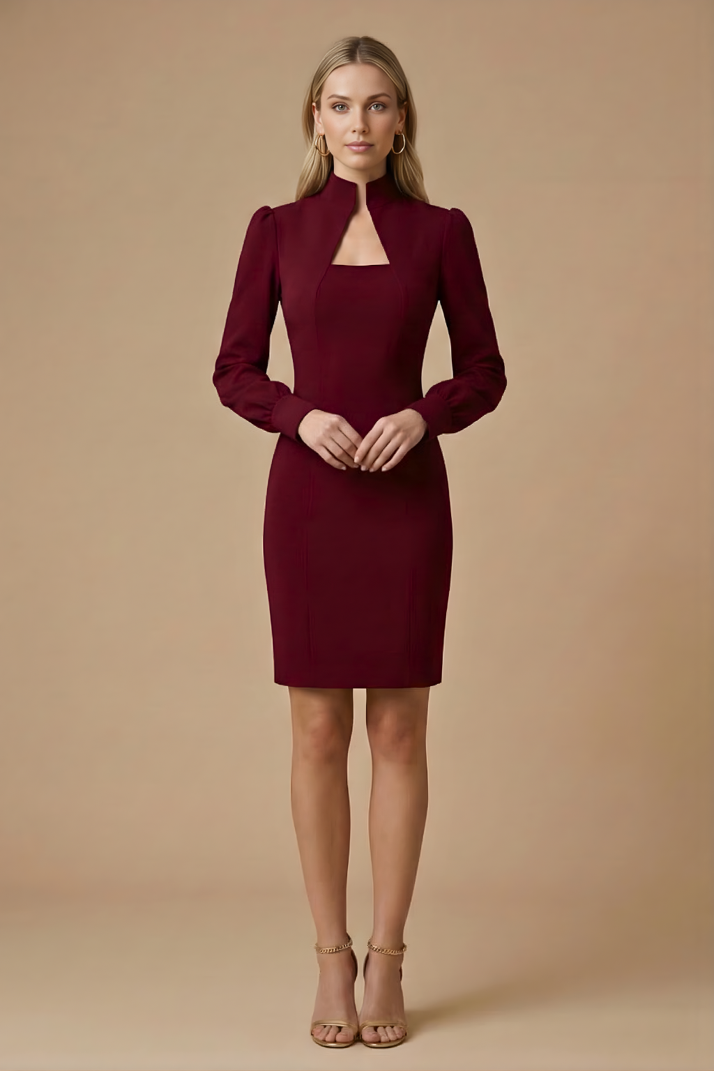 Damska Mini Sukienka z Stójką | Elegancka Czarna Sukienka na Wesele z Bufiastymi Rękawami