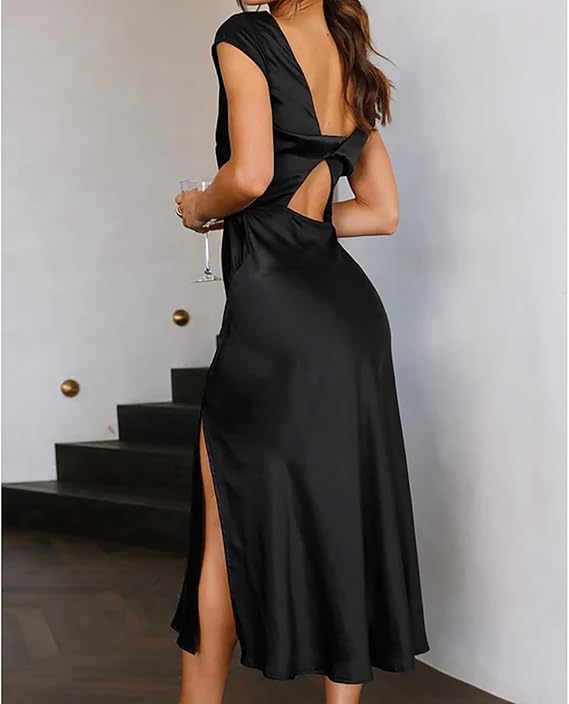 Damska Satynowa Sukienka Midi | Elegancka Sukienka Koktajlowa na Wesele