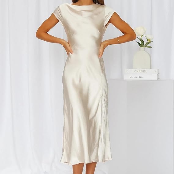 Damska Satynowa Sukienka Midi | Elegancka Sukienka Koktajlowa na Wesele