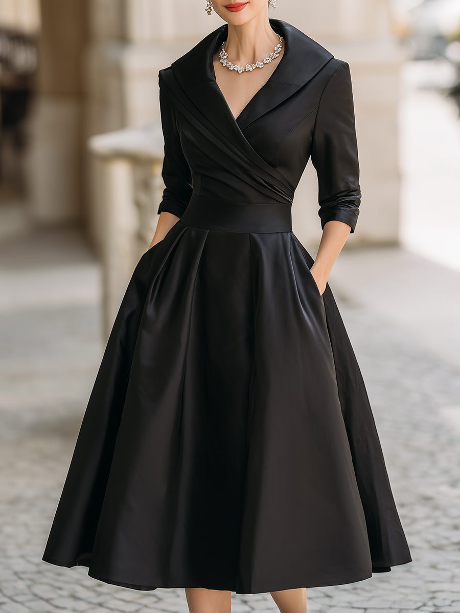 Damska Satynowa Sukienka Midi | Elegancka Vintage z Długim Rękawem na Wesele
