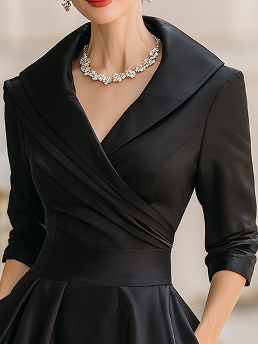 Damska Satynowa Sukienka Midi | Elegancka Vintage z Długim Rękawem na Wesele