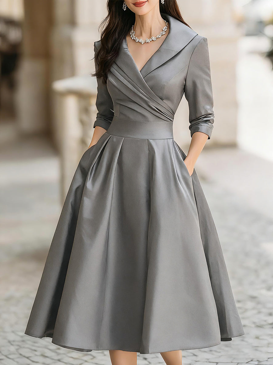 Damska Satynowa Sukienka Midi | Elegancka Vintage z Długim Rękawem na Wesele