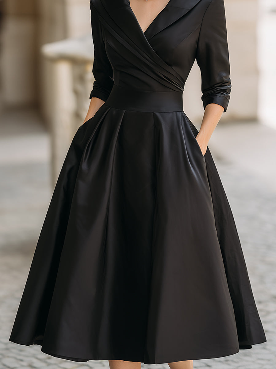 Damska Satynowa Sukienka Midi | Elegancka Vintage z Długim Rękawem na Wesele