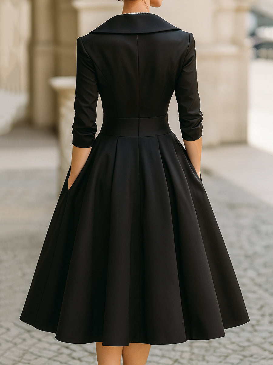 Damska Satynowa Sukienka Midi | Elegancka Vintage z Długim Rękawem na Wesele