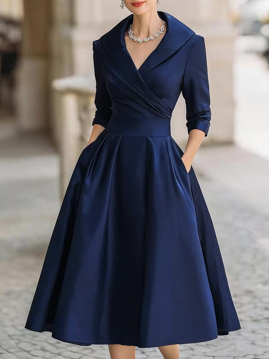 Damska Satynowa Sukienka Midi | Elegancka Vintage z Długim Rękawem na Wesele