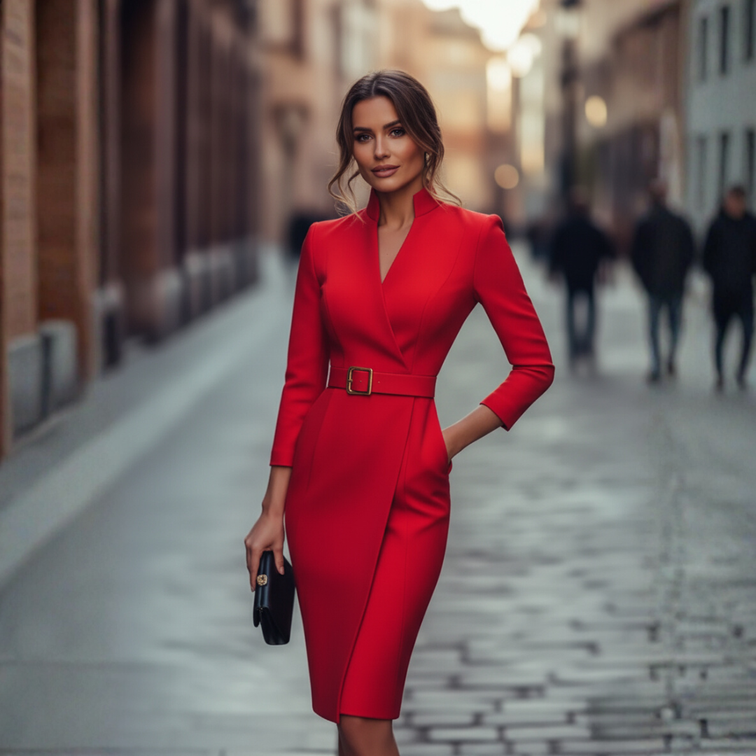 Damska Strukturalna Midi Sukienka | Elegancka z Kopertowym Przodem