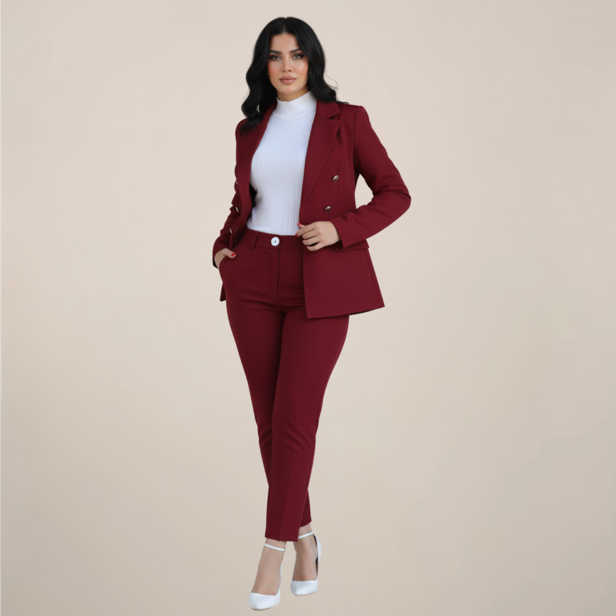 Damski Elegancki Garnitur Komplet | Dopasowana Marynarka i Wąskie Spodnie Slim Fit