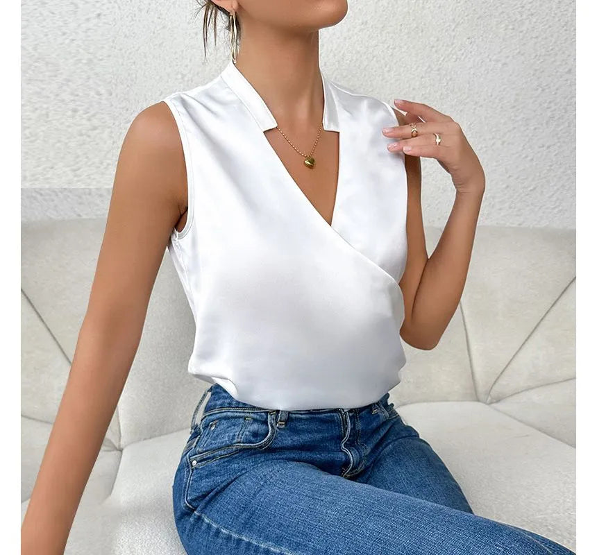 Damski Poliester Top Bez Rękawów | Elegancki Letni Top z Dekoltem w Kształcie V
