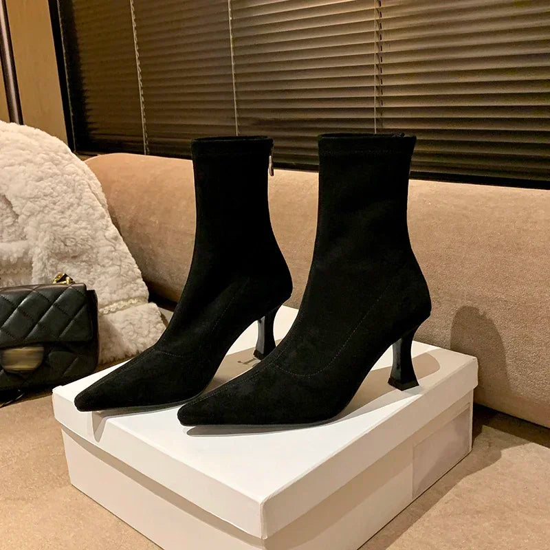 Damskie Sztuczna Skóra Botki | Eleganckie Spiczaste Noski z Kwadratowym Obcasem na Jesień Zimę