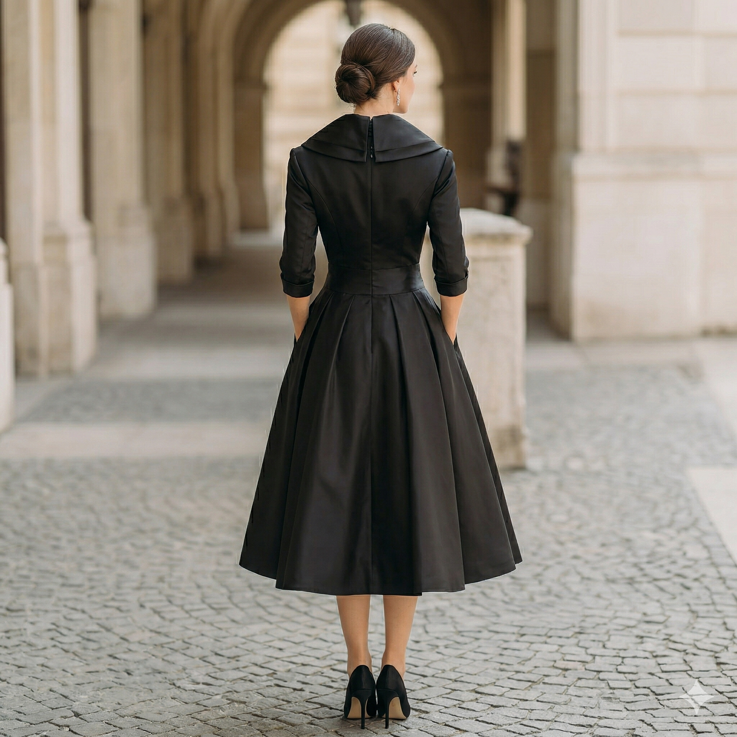 Damska Satynowa Sukienka Midi | Elegancka Vintage z Długim Rękawem na Wesele