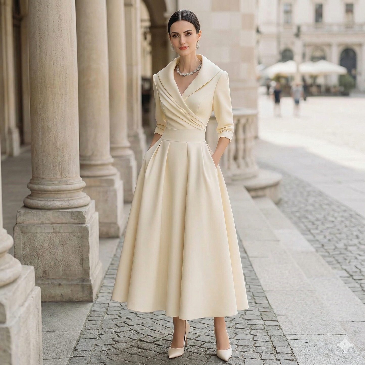 Damska Satynowa Sukienka Midi | Elegancka Vintage z Długim Rękawem na Wesele