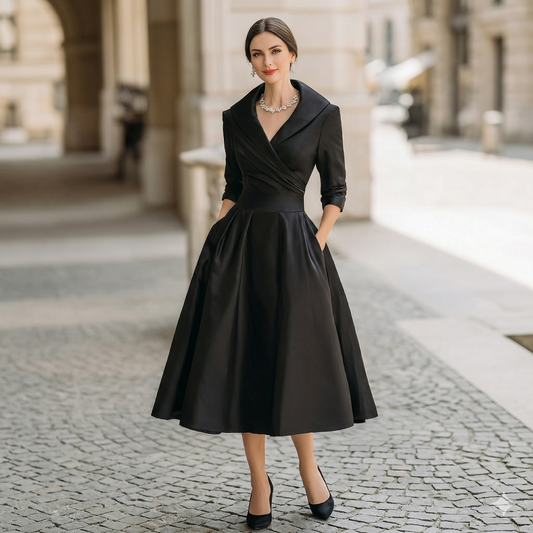 Damska Satynowa Sukienka Midi | Elegancka Vintage z Długim Rękawem na Wesele