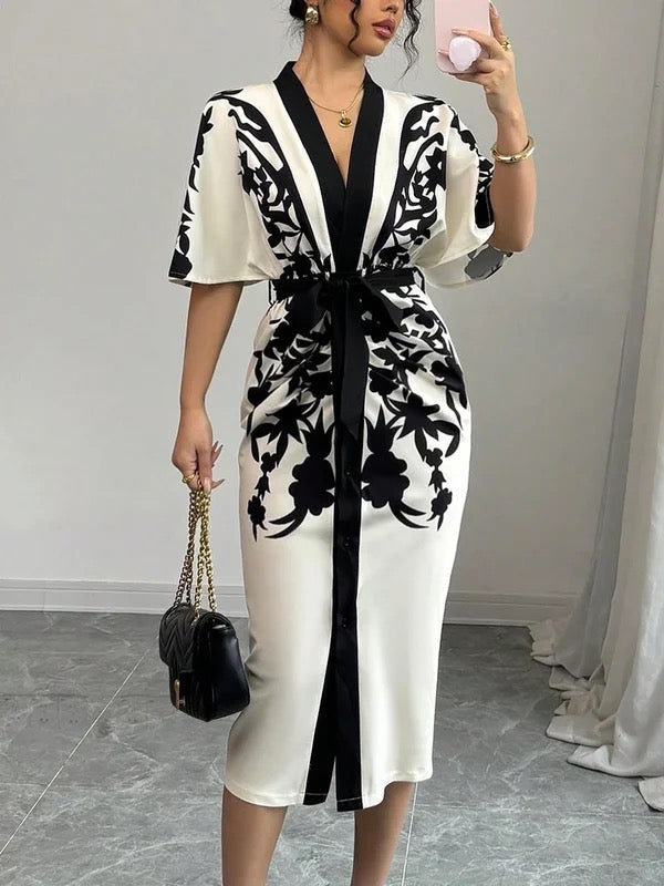 Kobiecą Kwiatową Sukienkę Midi | Elegancka z Głębokim Dekoltem na Wesele i Wieczorne Wyjścia