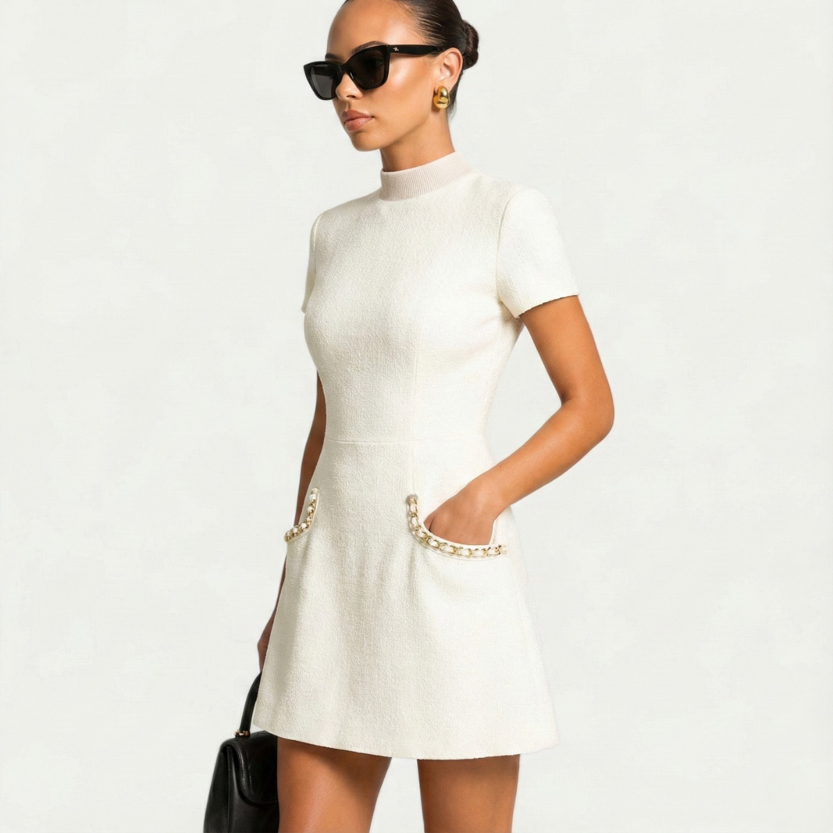 Kobiece Eleganckie Mini Sukienki z Perłowym Wykończeniem | Stylowa na Wesele i Wieczór