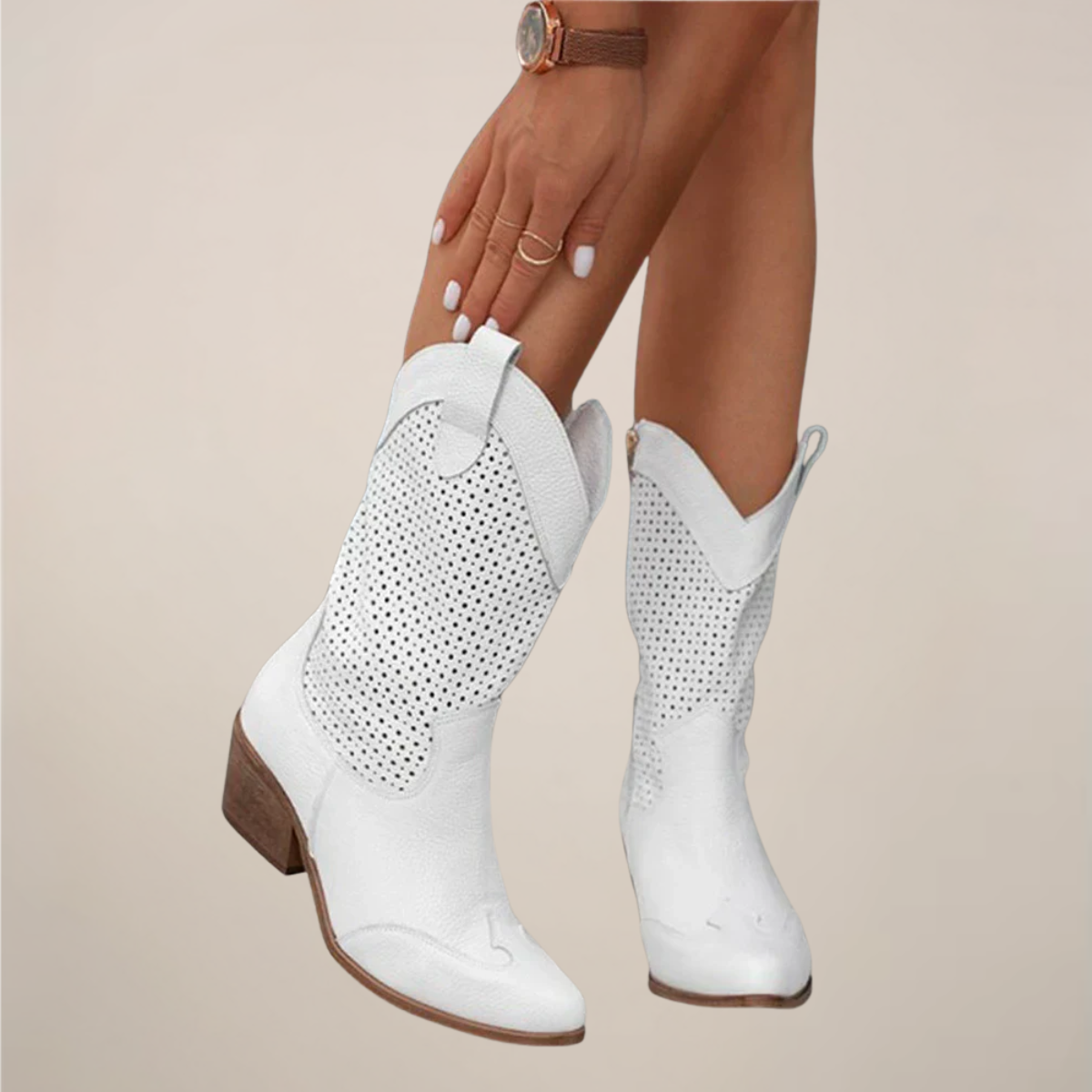 Kobiece Skórzane Botki | Eleganckie Perforowane Buty do Połowy Łydki na Lato