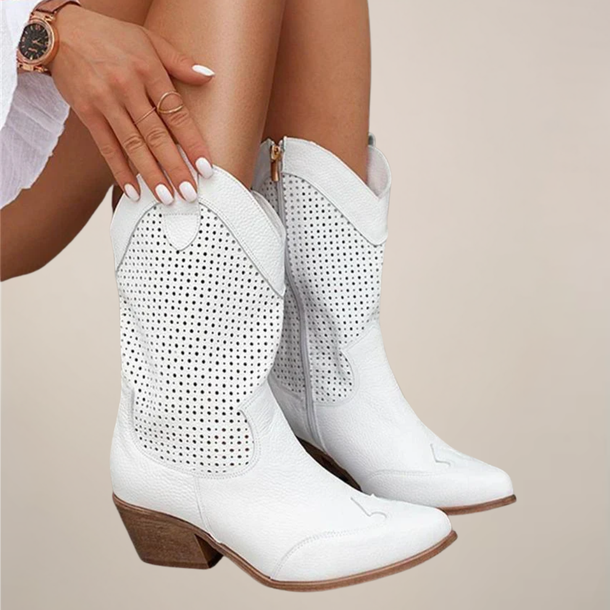 Kobiece Skórzane Botki | Eleganckie Perforowane Buty do Połowy Łydki na Lato