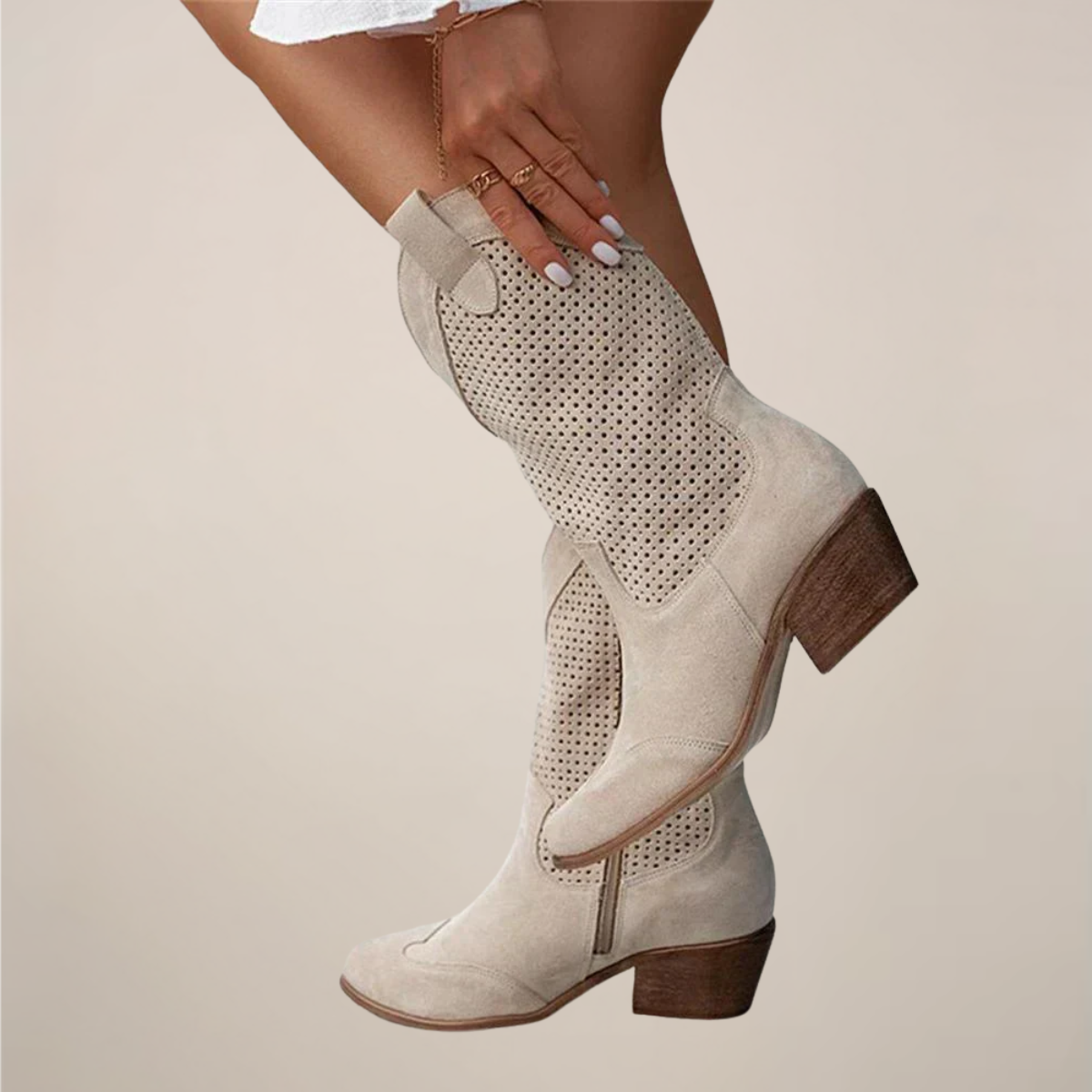 Kobiece Skórzane Botki | Eleganckie Perforowane Buty do Połowy Łydki na Lato