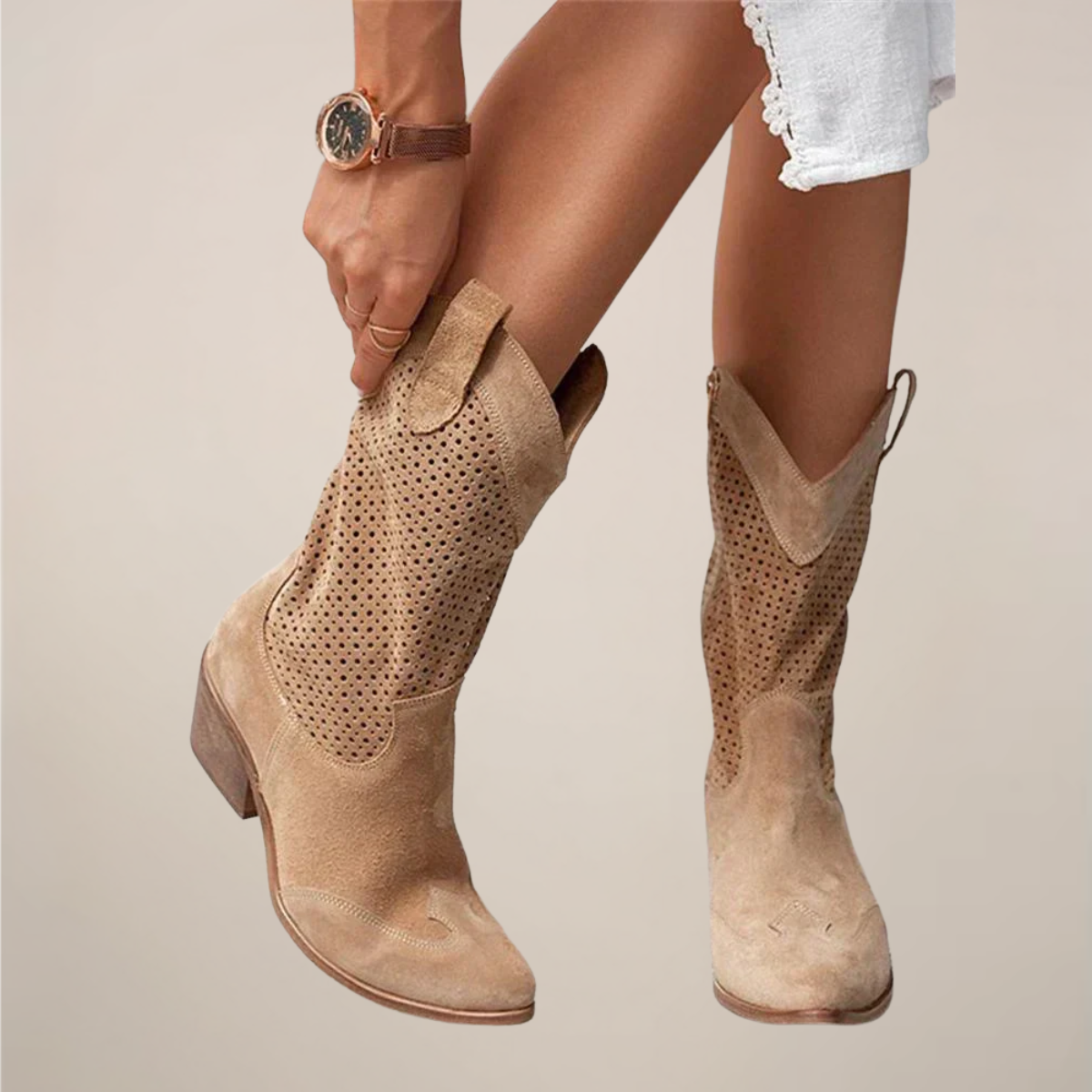 Kobiece Skórzane Botki | Eleganckie Perforowane Buty do Połowy Łydki na Lato