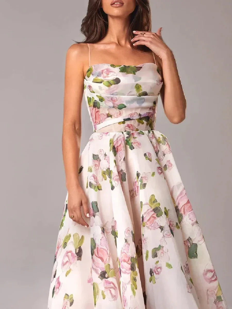 Kobieta Kwiatowa Sukienka Midi | Elegancka Bez Ramiączek na Wesele i Letnie Imprezy