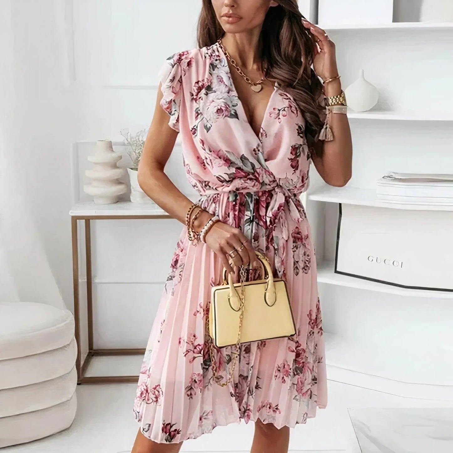 Kobieta Kwiatowa Sukienka Midi | Elegancka Plisowana Sukienka na Wesele i Lato