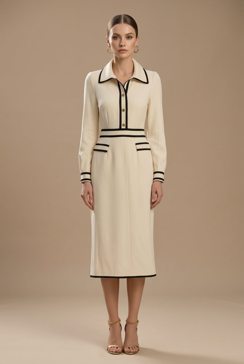 Kobieta Midi Sukienka z Kołnierzykiem | Elegancka Ołówkowa Sukienka z Długimi Rękawami