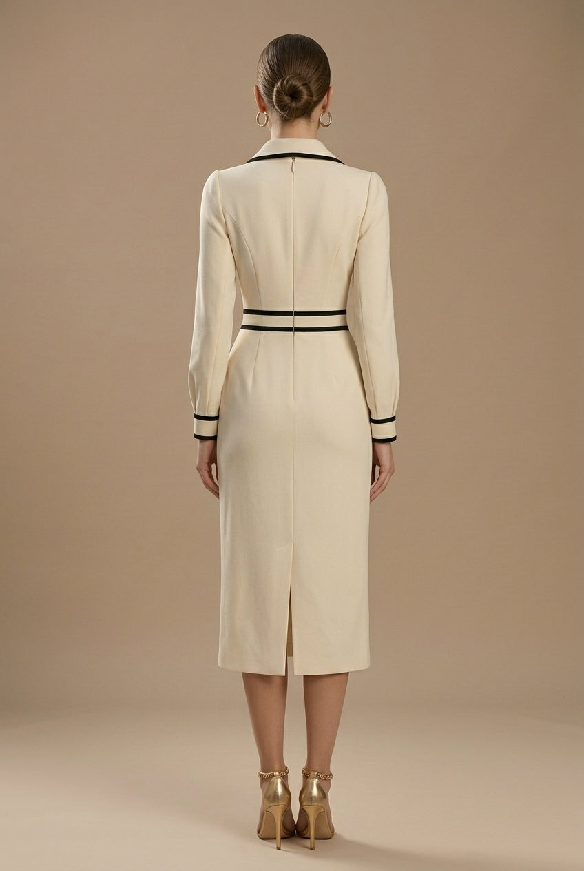 Kobieta Midi Sukienka z Kołnierzykiem | Elegancka Ołówkowa Sukienka z Długimi Rękawami