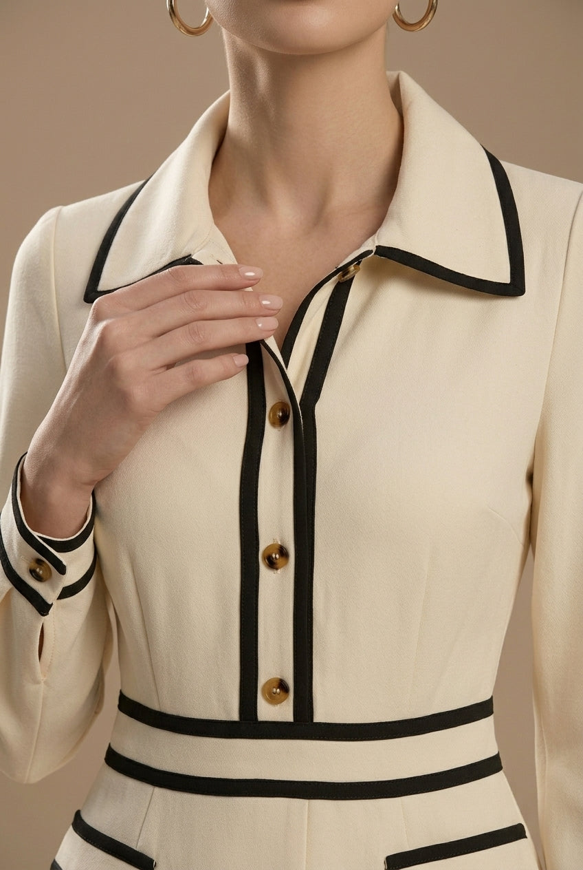 Kobieta Midi Sukienka z Kołnierzykiem | Elegancka Ołówkowa Sukienka z Długimi Rękawami