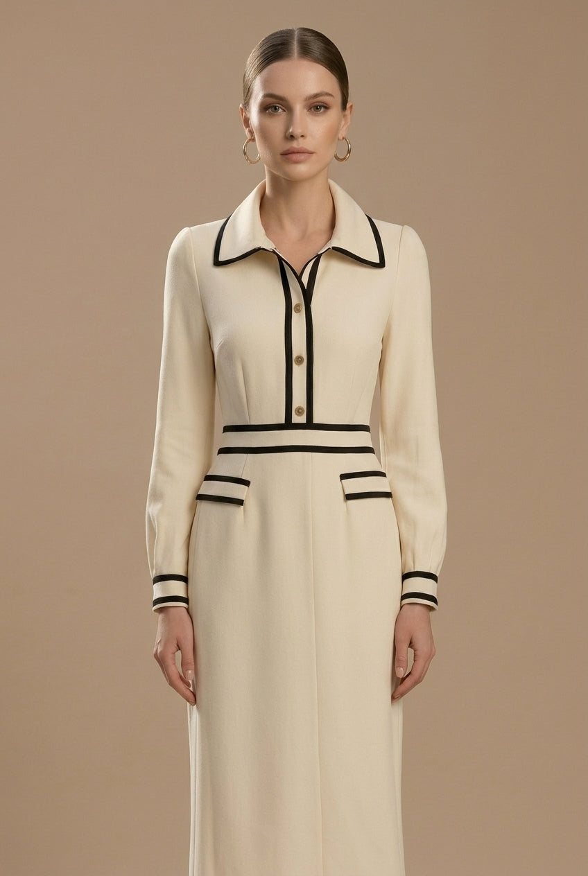 Kobieta Midi Sukienka z Kołnierzykiem | Elegancka Ołówkowa Sukienka z Długimi Rękawami