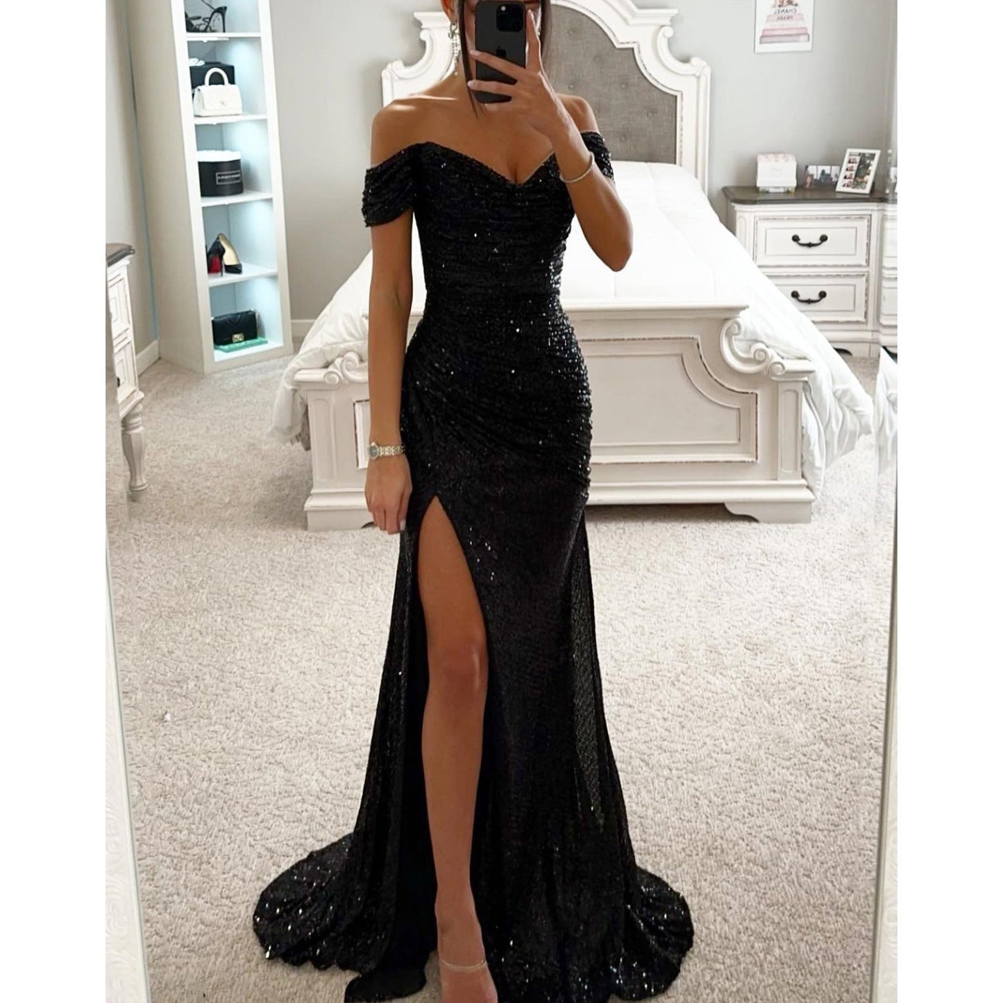Kobieta | Poliester | Suknia Wieczorowa z Odkrytymi Ramionami | Elegancka i Wygodna Sukienka Wieczorowa