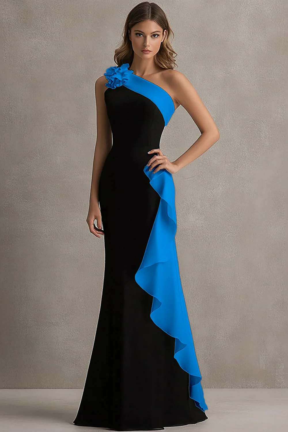 Kobieta | Satyna | Sukienka Wieczorowa Syrena | Elegancka Luksusowa Długa Suknia z Kwiatowymi Zdobieniami 3D