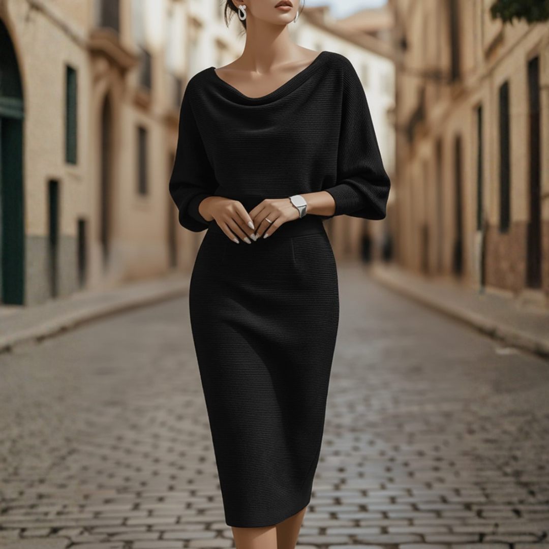 Kobieta's Elegancka Midi Sukienka | Drapowana Ołówkowa Sukienka na Jesień z Rękawami Nietoperza