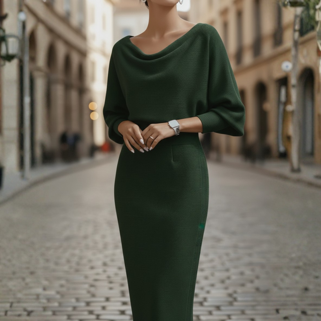 Kobieta's Elegancka Midi Sukienka | Drapowana Ołówkowa Sukienka na Jesień z Rękawami Nietoperza