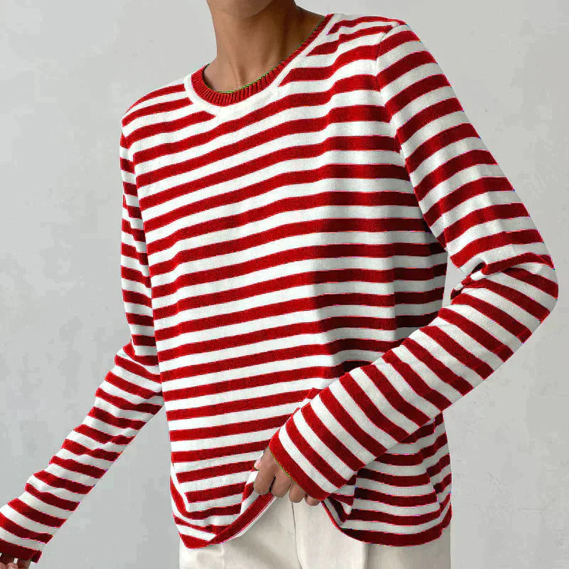 Kobieta's Elegancka Wiskoza T-Shirt w Paski | Lekki Klasyczny Długi Rękaw Całoroczny