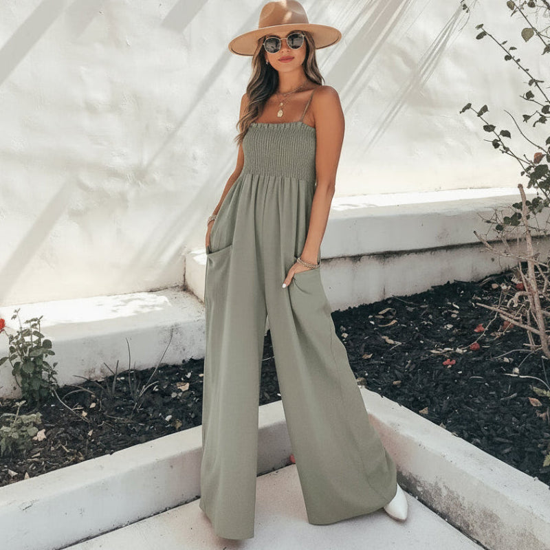 Kombinezon Damski Poliester Letni | Elegancki Boho Jumpsuit z Kwadratowym Dekoltem